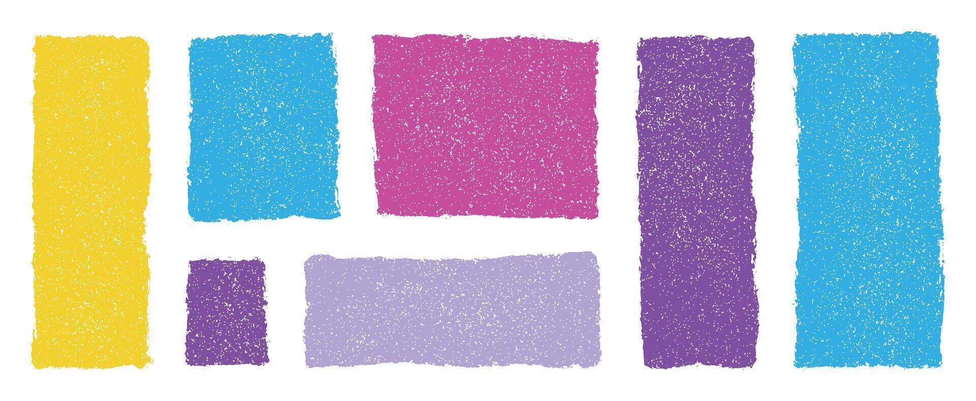 Hand drawn rectangles and squares in pastel colors with grainy chalk texture. Abstract sketch boxes, crayon drawn frames, geometric childlike shapes for notes, decoration, highlight or speech vector