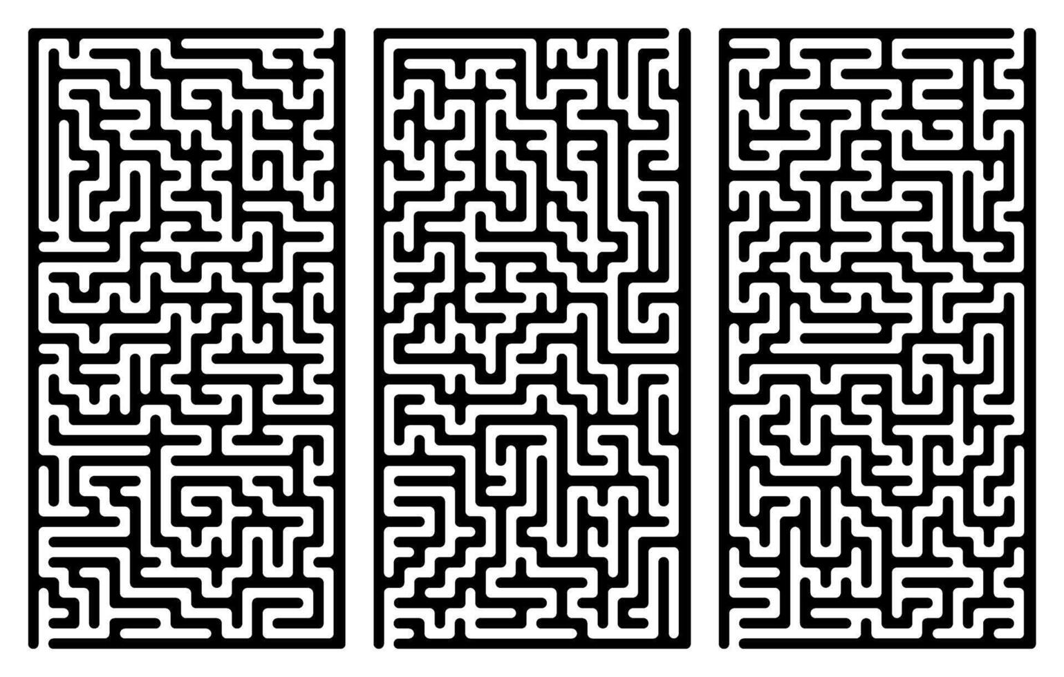 Three vertical maze puzzles in black white style, abstract complex labyrinth collection, brain game design with difficult winding paths and multiple intricate challenge routes logic navigation vector