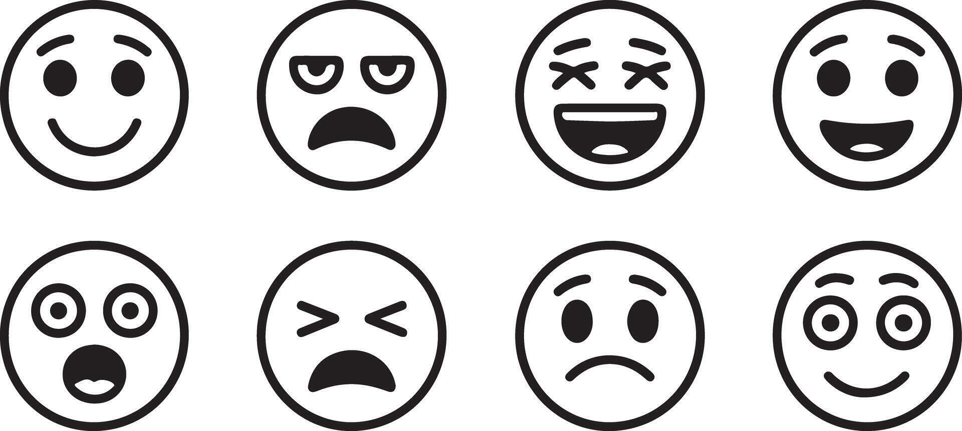 Eight Hand Drawn Black and White Circular Emoji Faces Displaying Diverse Emotions Including Happy Sad Surprised and Annoyed vector