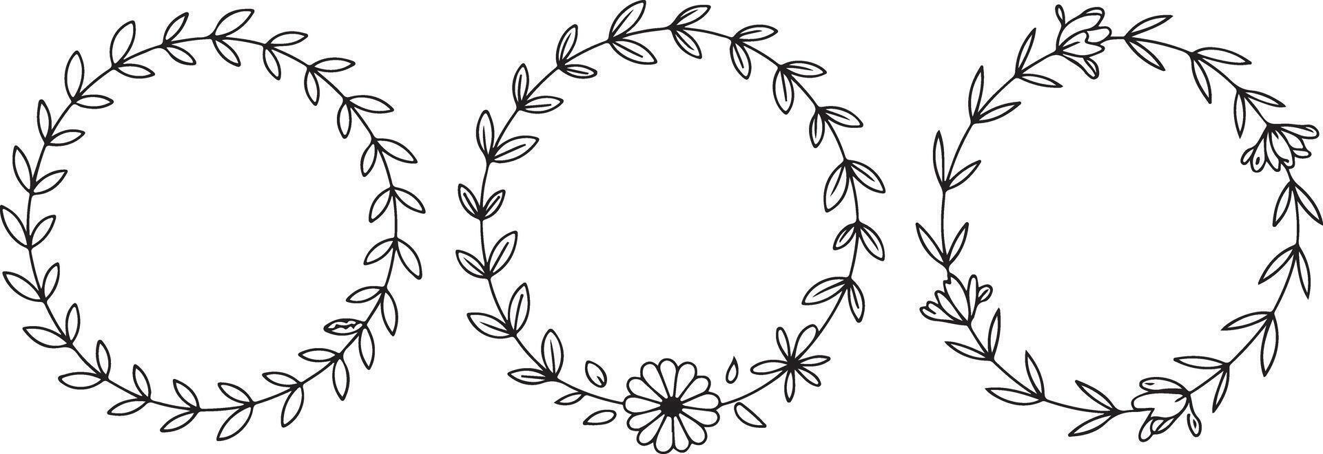 Three Hand Drawn Black Line Art Floral Circle Frames Botanical Wreath Elements Simple Oval Shapes Nature Design Templates vector