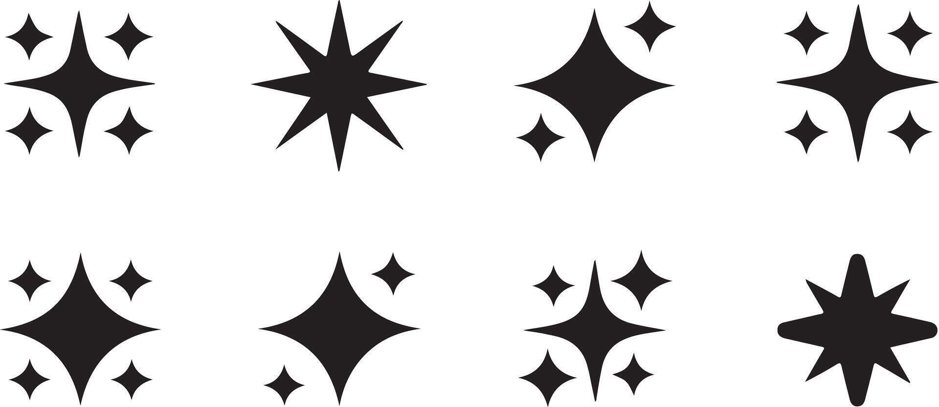 Eight Black Sparkle Star Twinkle Icons Set Isolated on White Background Simple Geometric Shapes Graphic Design Elements vector