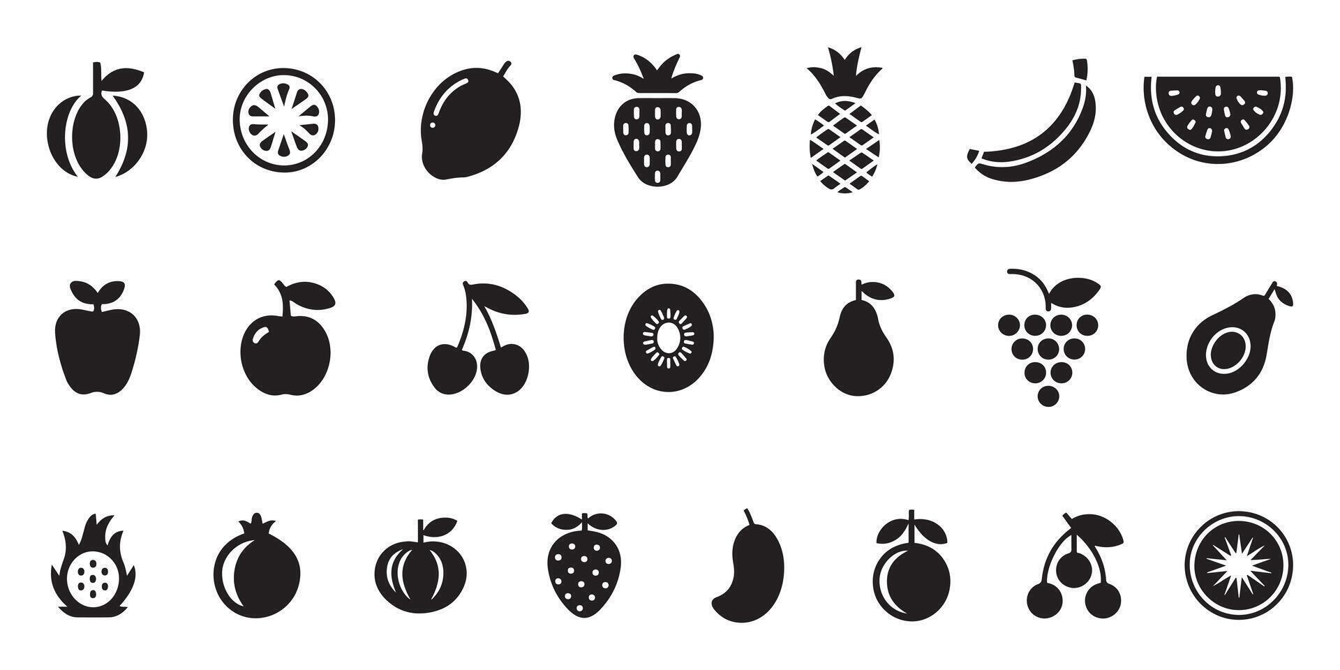 Collection of Black and White Fruit Icons Apple Banana Cherry Grape Kiwi Mango Orange Pear Pineapple Pomegranate Strawberry Watermelon vector