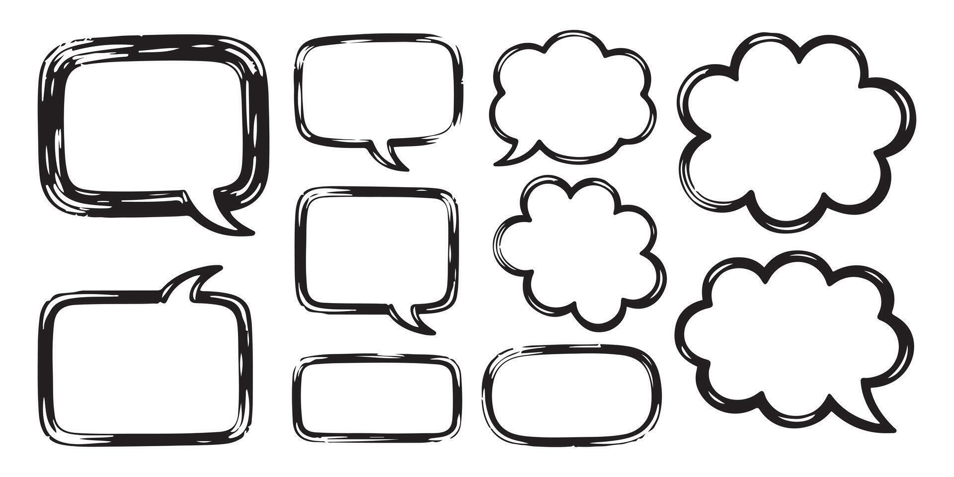 Twelve Black Hand Drawn Speech Bubbles Blank Frames Text Boxes Square Round Cloud Shapes White Background vector