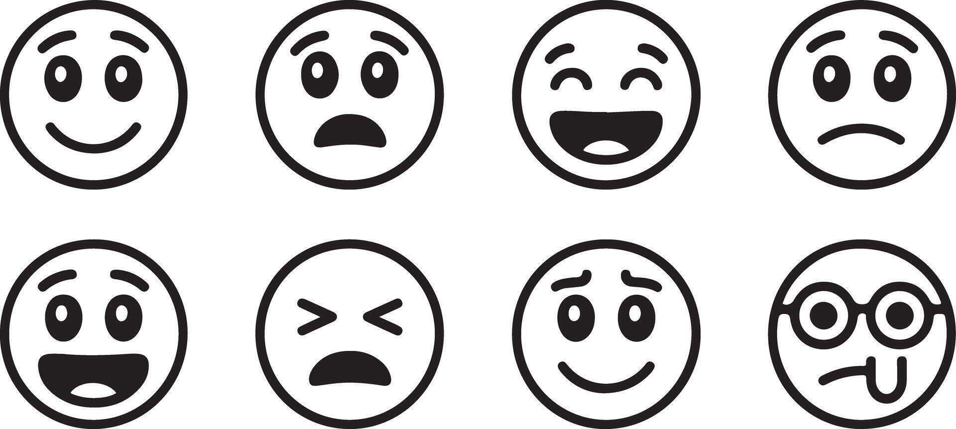 Eight Hand Drawn Black and White Emoji Faces Icon Set Circular Doodle Style Simple Line Art Emoticons Set of Diverse Facial Expressions vector