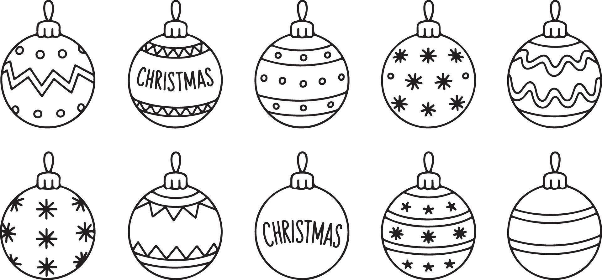 Ten Black and White Christmas Ornament Doodle Elements Set Hand Drawn Illustration Winter Holiday Decorations Festive Season vector