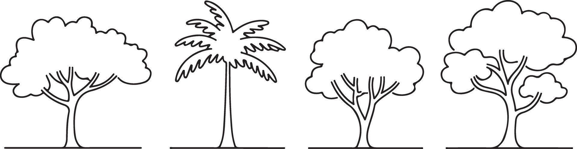 Black and white line drawing of four trees side by side simple minimalist style one palm tree two deciduous trees one broadleaf tree vector