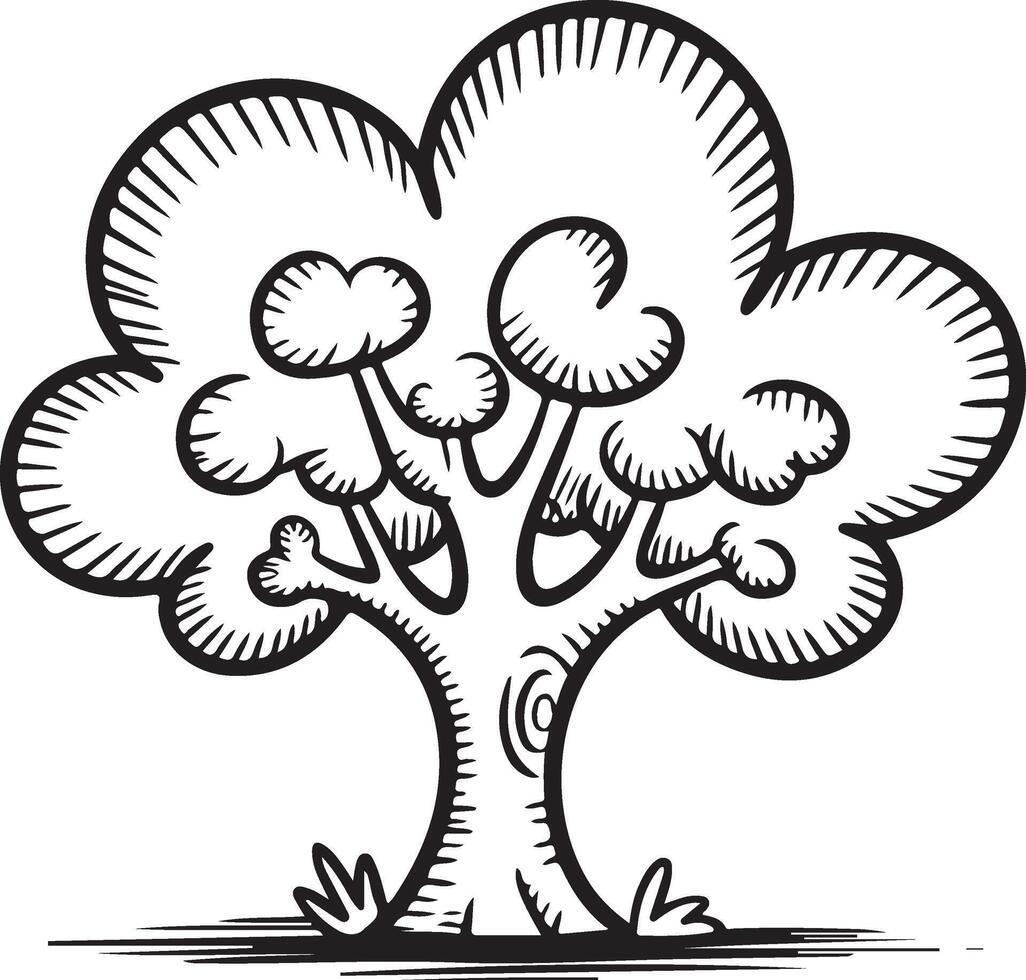 Hand Drawn Black and White Cartoon Sketch of a Tree with a Thick Trunk and Rounded Foliage Traced Illustration Simple Line Art Nature vector