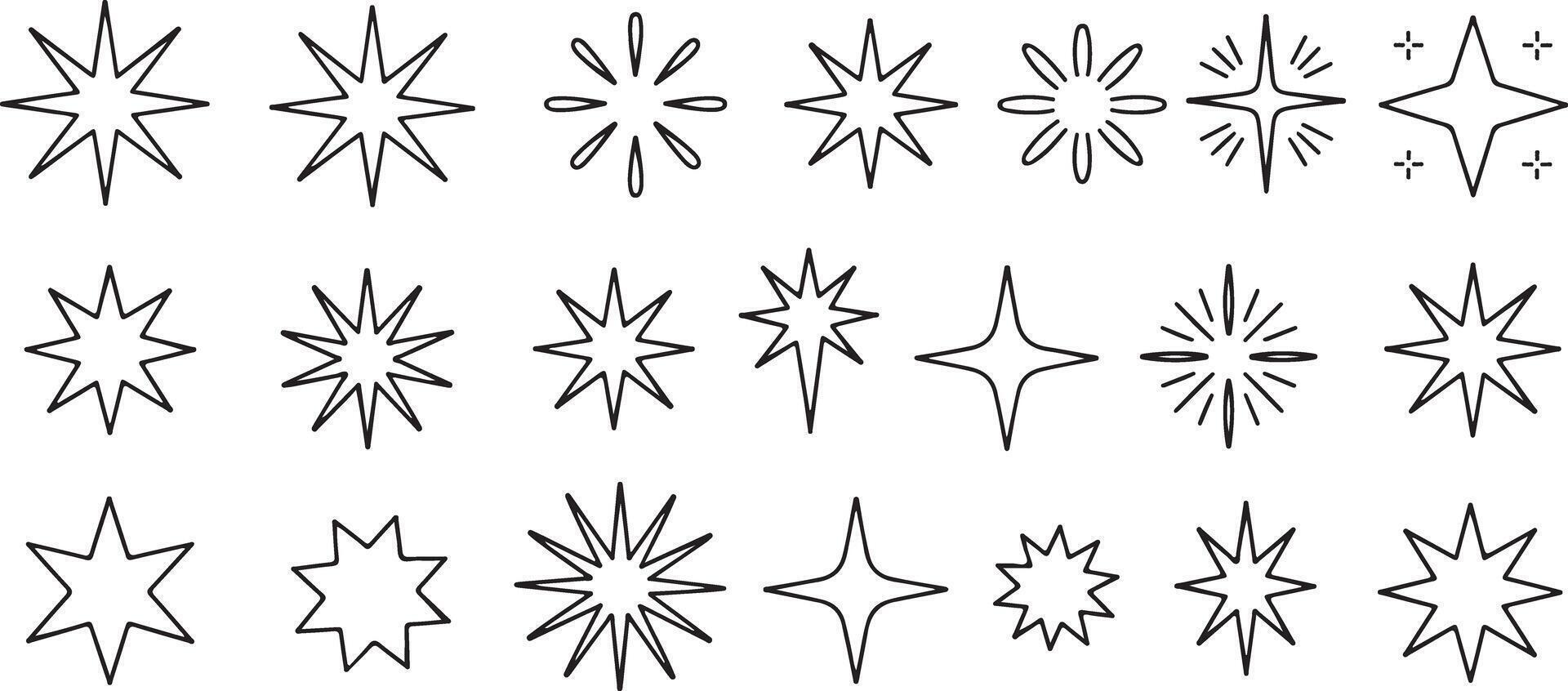 Collection of Hand Drawn Black Outline Stars Sparkle Shine Doodles Various Shapes Sizes Set of Twinkling Starburst Icons vector