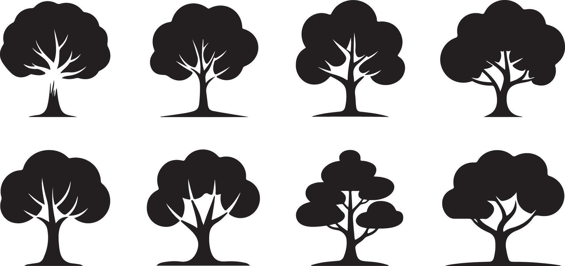 Eight Black Silhouette Tree Icons Collection Various Shapes and Sizes Simple Graphic Design Elements vector
