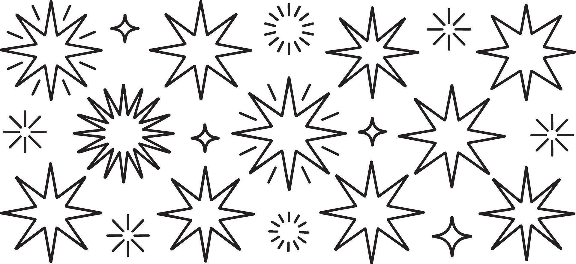 Hand Drawn Black Line Art Starburst and Star Pattern Seamless Background Various Sizes and Shapes Simple Doodle Style vector