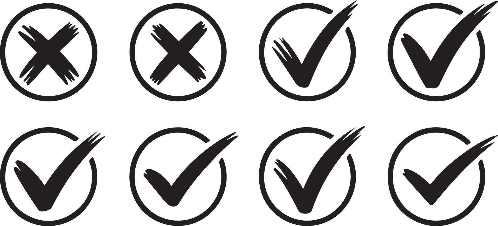Eight Black Checkmark and Cross Mark Icons Set in Circular Frames Hand Drawn Style Graphic Design Elements vector