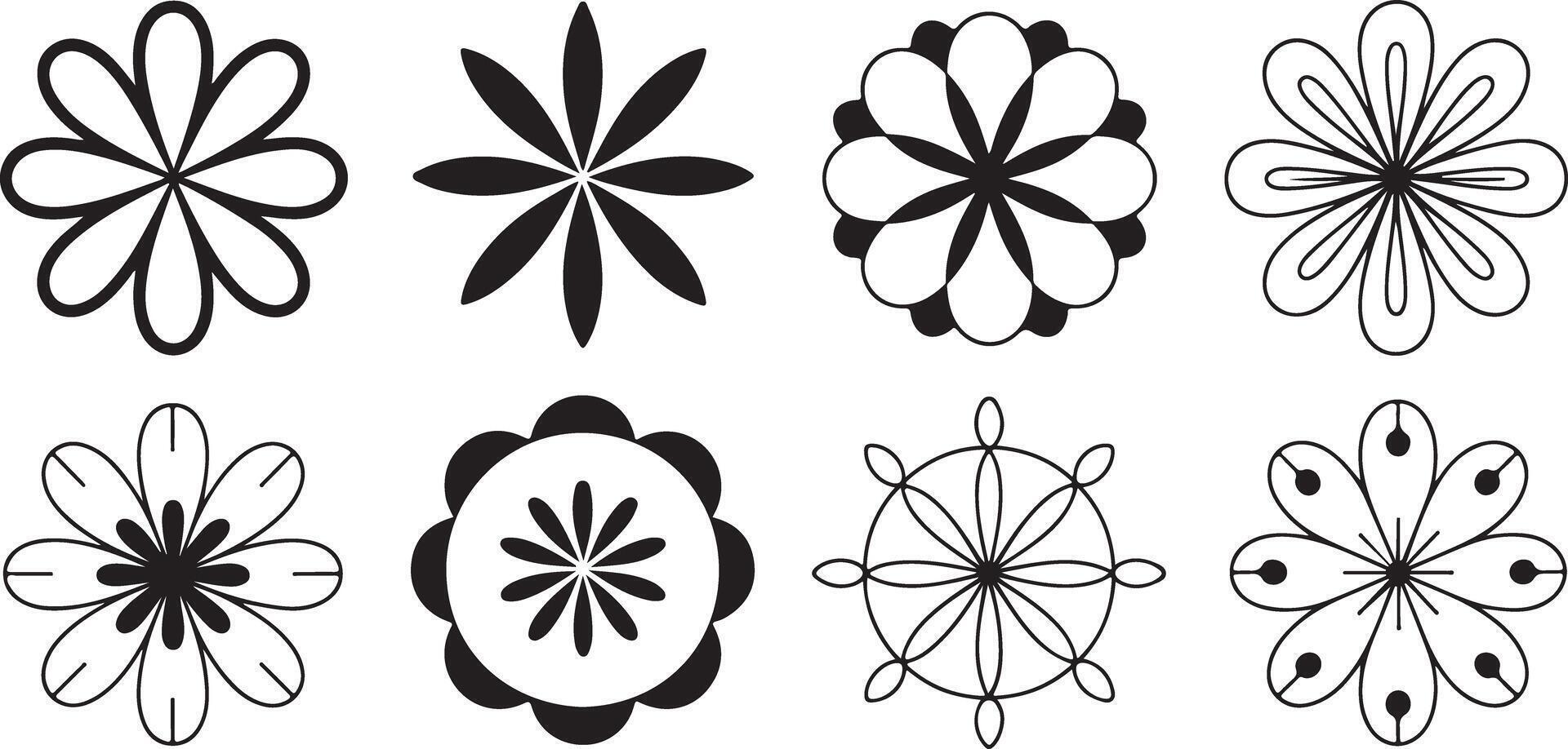 Eight Black and White Flower Ornaments Set Geometric Floral Shapes Design Elements for Decoration vector