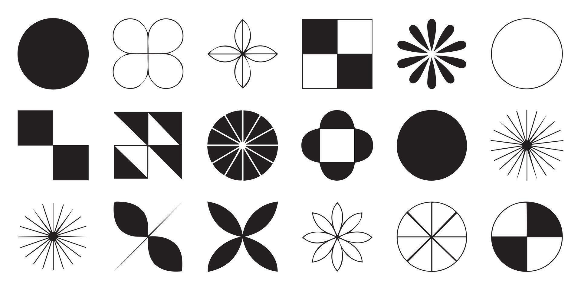 Collection of Black and White Geometric Shapes Abstract Design Elements Circles Squares Triangles Flowers Stars vector