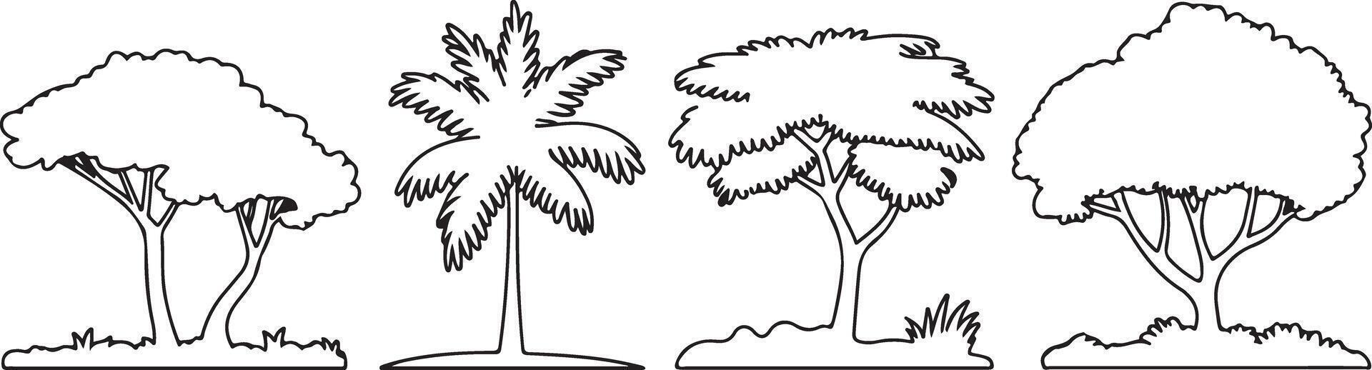 Black and White Line Drawing Set of Four Trees Side View Including Deciduous and Palm Trees with Simple Grass Ground vector