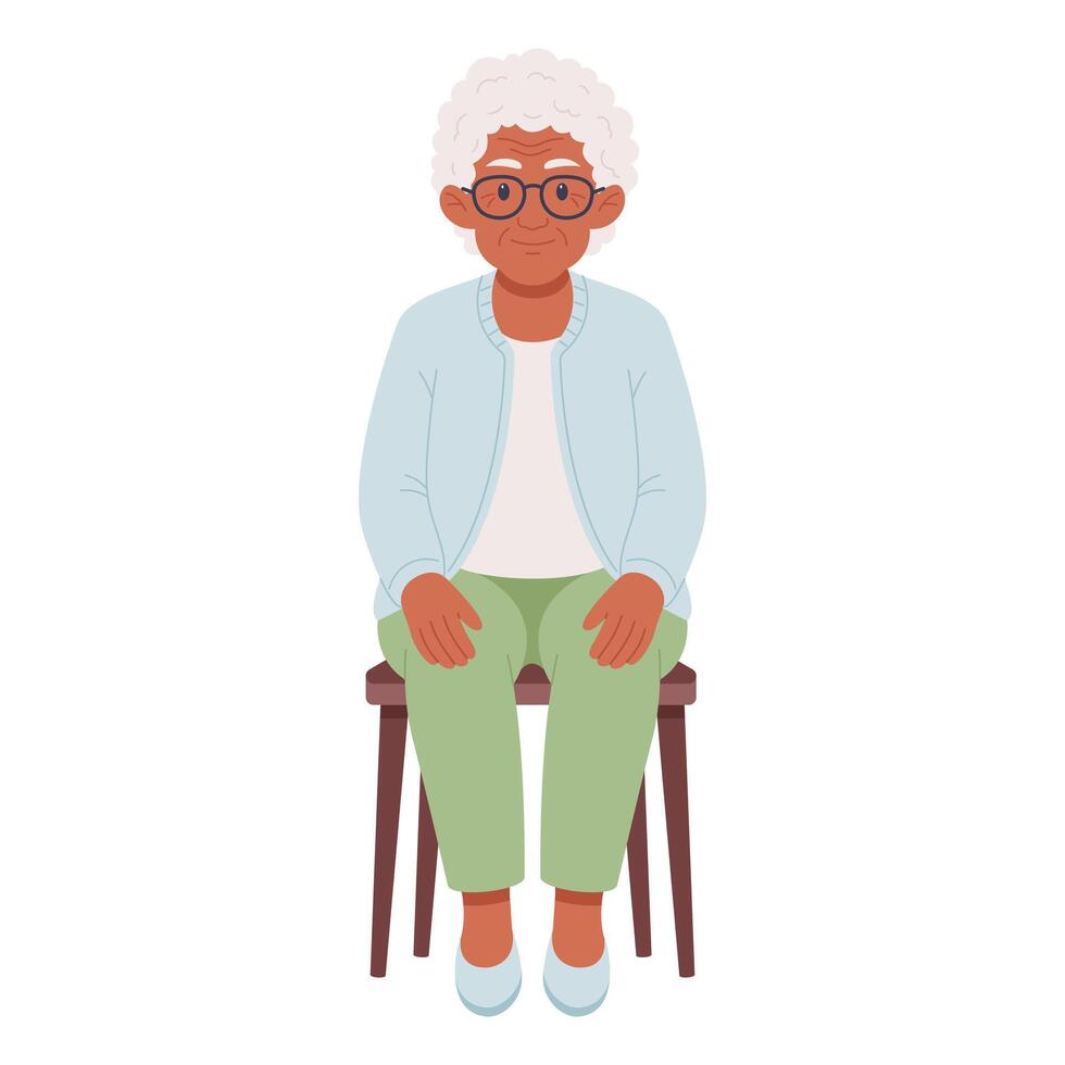 Elderly woman sitting on a chair. Flat hand drawn illustration of an elderly woman isolated on white background vector