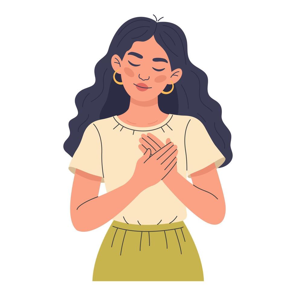 Woman pressing her palms to her chest. Flat hand drawn female character expressing gratitude or love isolated on white background. Self care and emotional well being concept vector