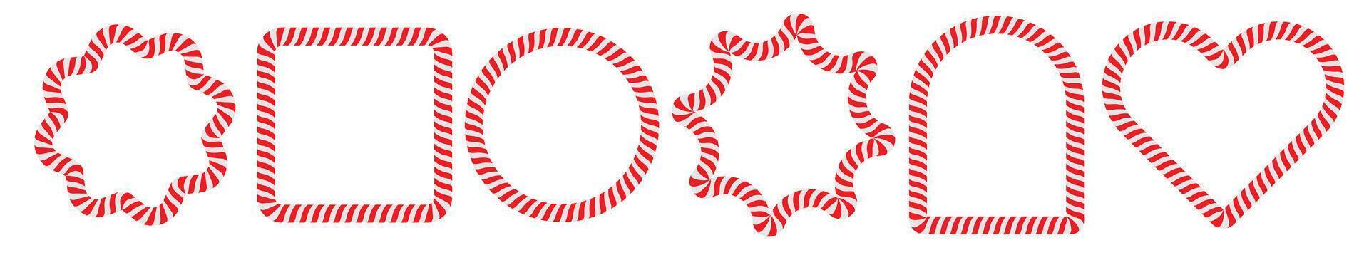 Christmas candy cane simple frame set. Collection of holiday borders with red stripes. Xmas frame with striped candy lollipop pattern. Christmas and new year design elements vector