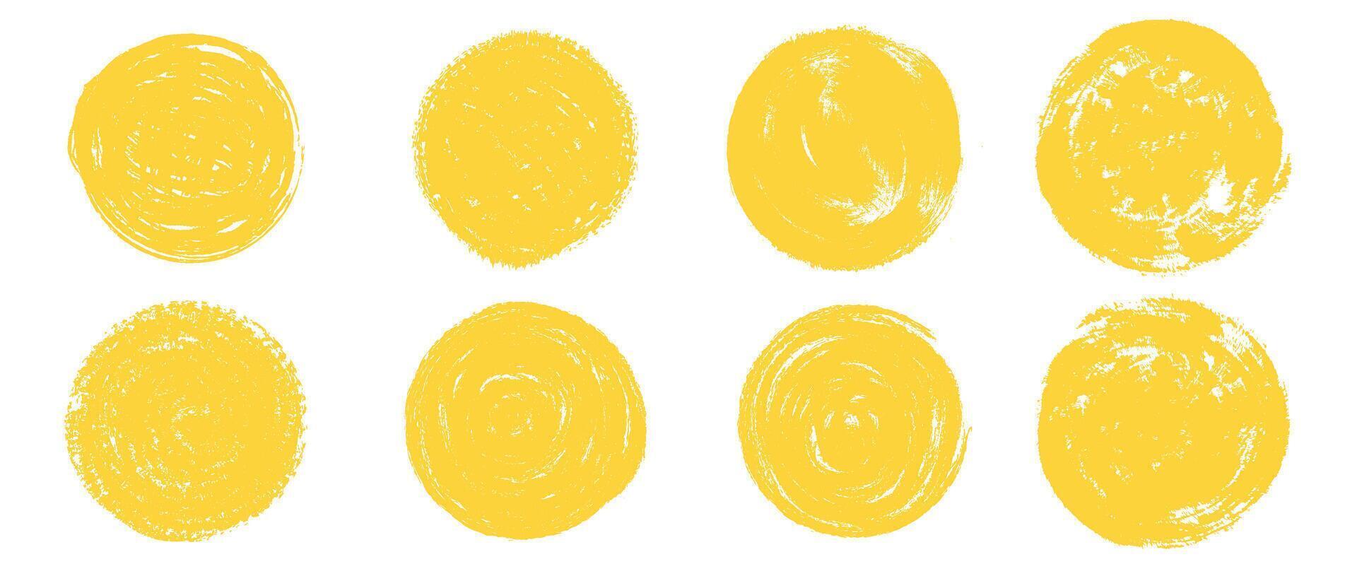 Hand drawn brush sun rough icons. Yellow grunge circle stamp set. Abstract crayon summer frames design elements vector