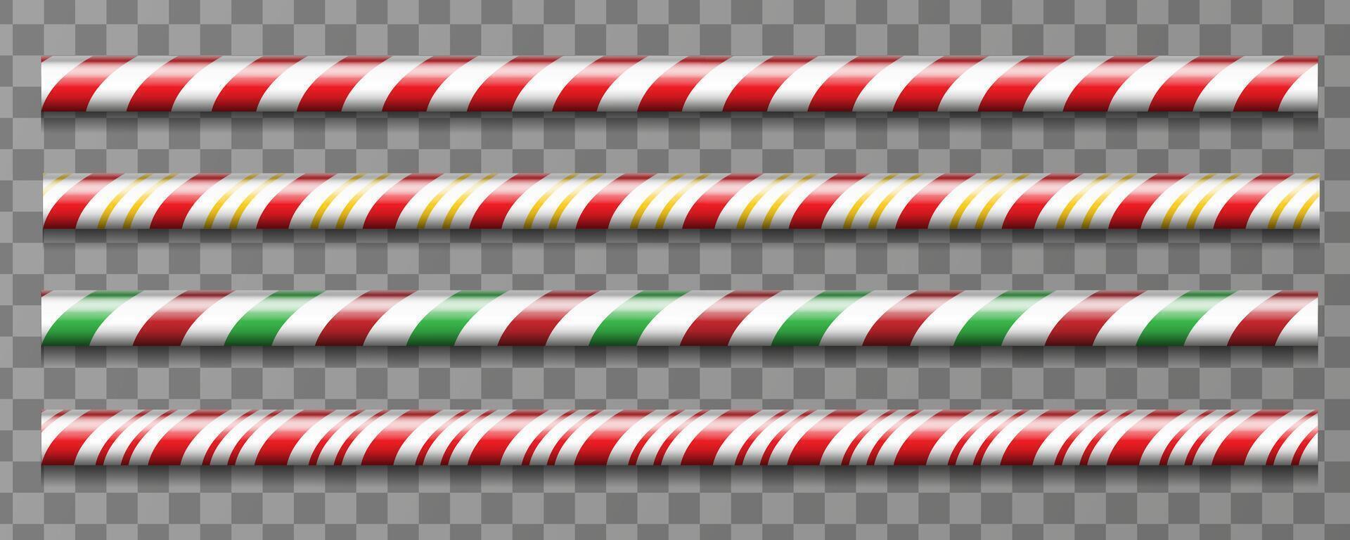Christmas candy cane horizontal straight line borders with red, gold and green stripes. Holiday xmas borders set with striped candy lollipop pattern. Christmas and new year design elements vector