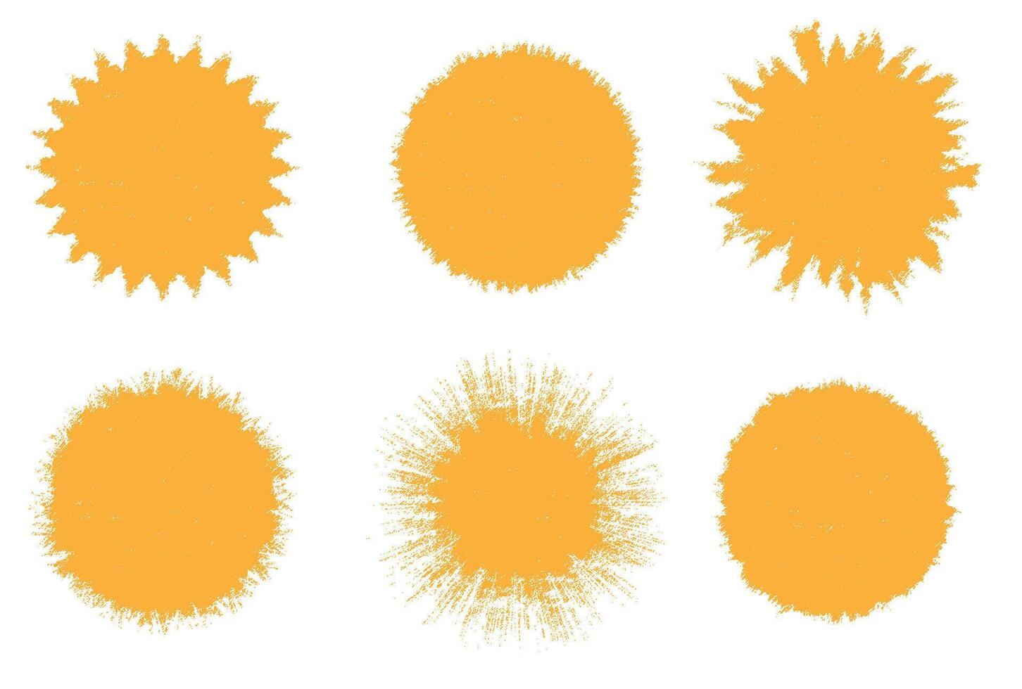 Hand drawn brush sun rough icons. Yellow grunge circle stamp set. Abstract crayon summer frames textured shapes vector