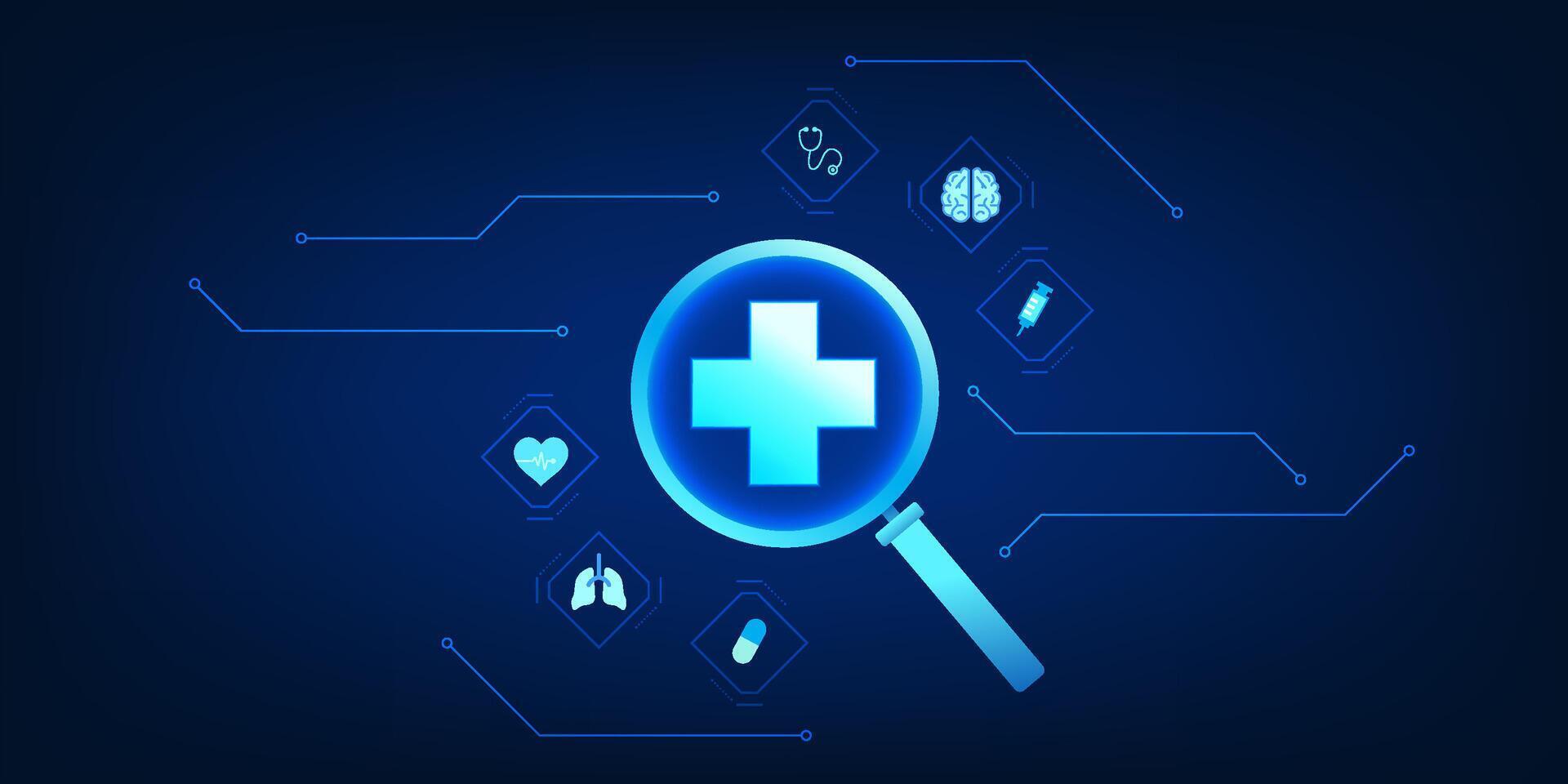 Health care technology Magnifying glass used to view medical icons, showing technology and medicine that helps find new treatment and diagnosis information for patients. vector