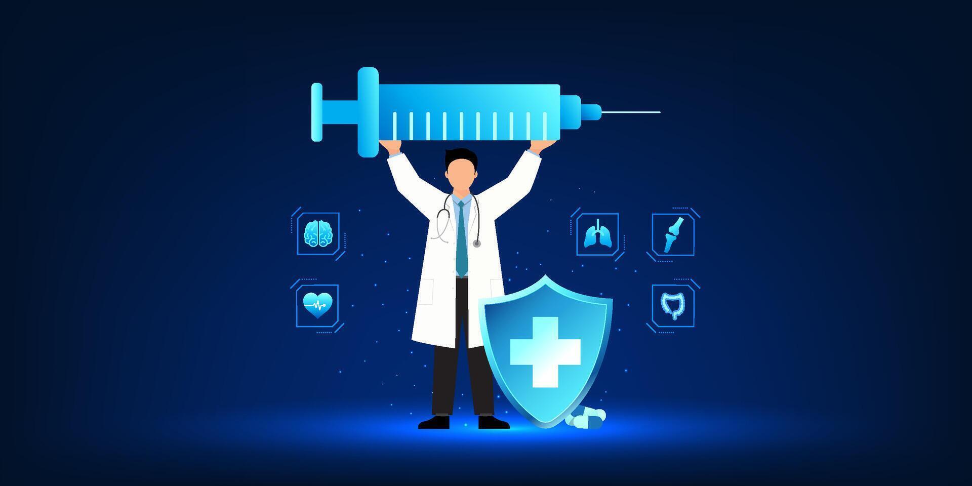 Medical technology, a doctor holding a syringe, represents the invention of medicine to treat patients, leading to the development of new and effective medicines and treatments for emerging diseases. vector