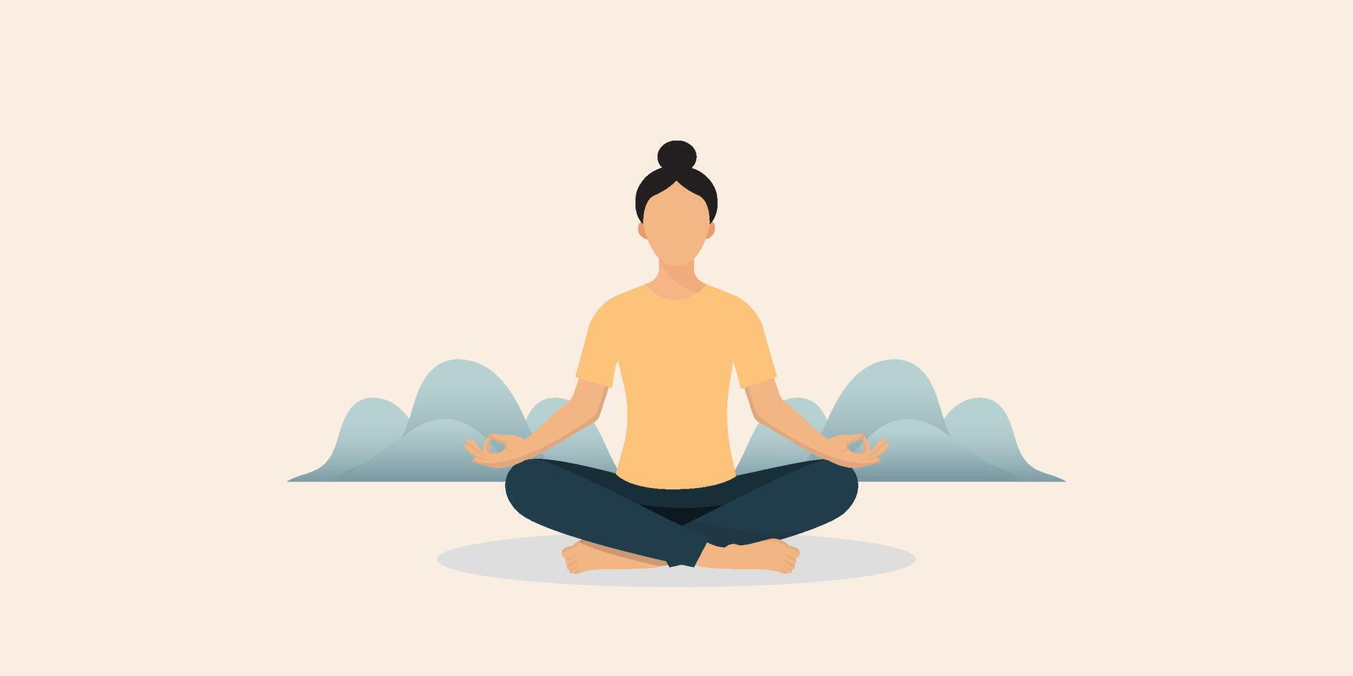 Woman meditating, taking care of her mental health, to gather her thoughts and think about her goals. She is sitting cross-legged, the background shows tranquility without disturbing others. vector