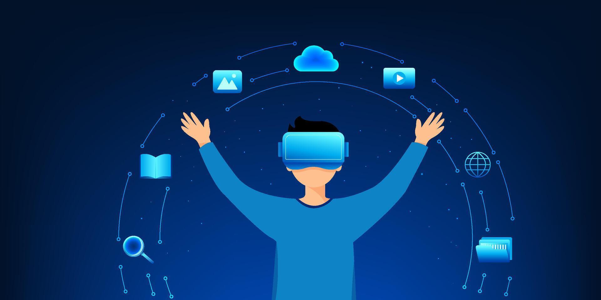 Man wearing VR and AR glasses demonstrates how virtual reality technology works, representing the integration of the digital and real worlds for a cutting-edge user experience. vector