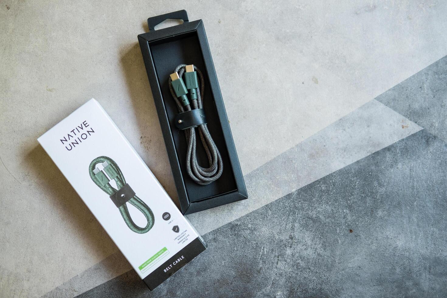 Bangkok, Thailand - July 17, 2025 Belt Cable USB-C to USB-CThe recycled 4-foot charging cable with bonded leather strap photo
