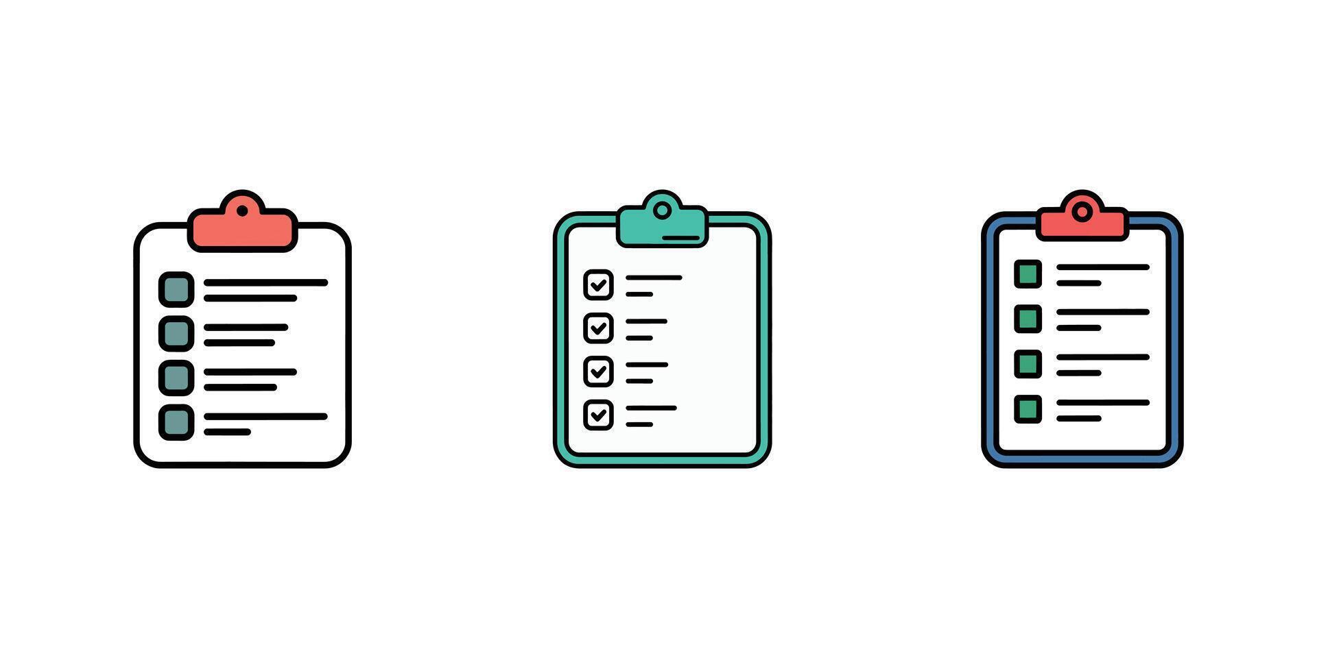 Three clipboard icons with different check mark styles, isolated on white background vector