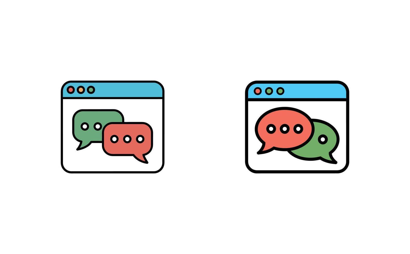 Two chat windows displaying message bubbles in green, red and blue on white background vector