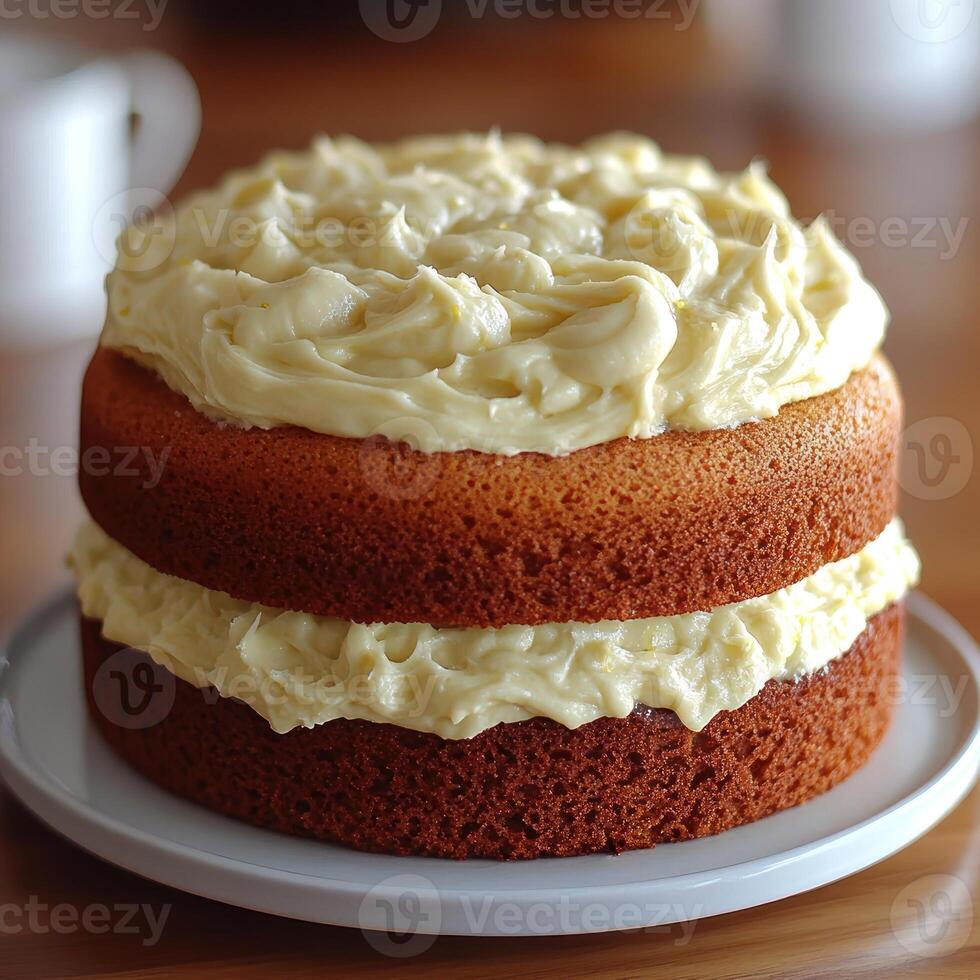 Delightful layered cake decorated with creamy frosting on a wooden table photo