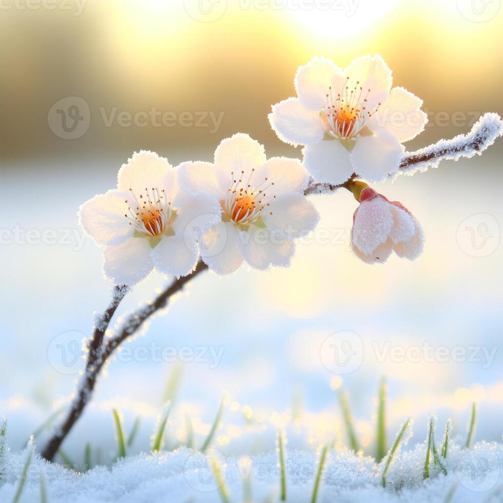 Frost kissed cherry blossoms bloom softly in the quiet dawn light of early spring photo