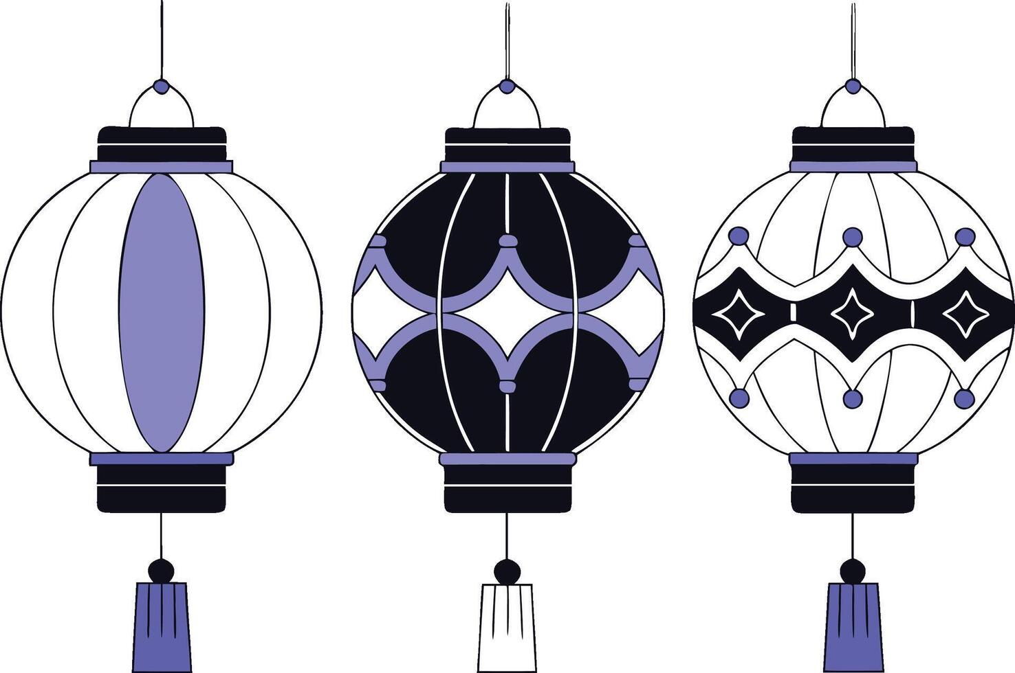 Three hanging lanterns with black and purple designs vector