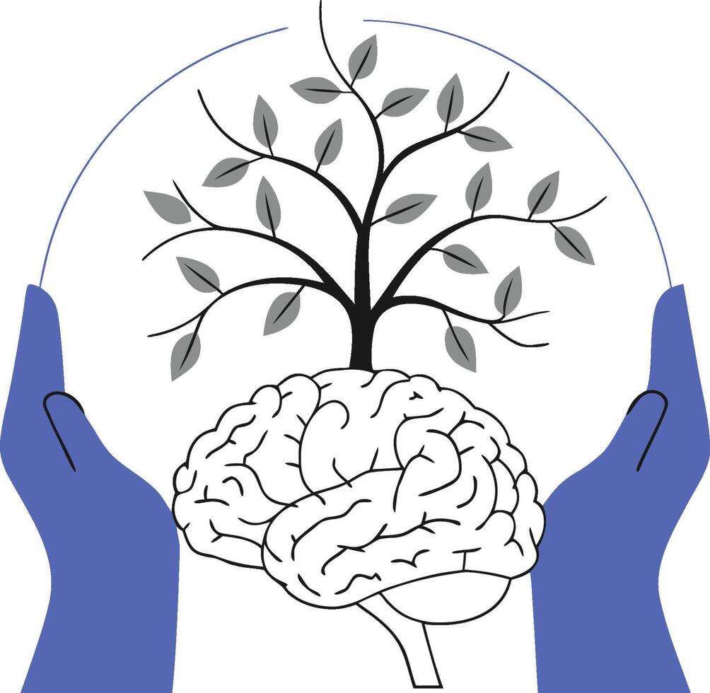 A hand holding a brain with a tree growing out of it vector