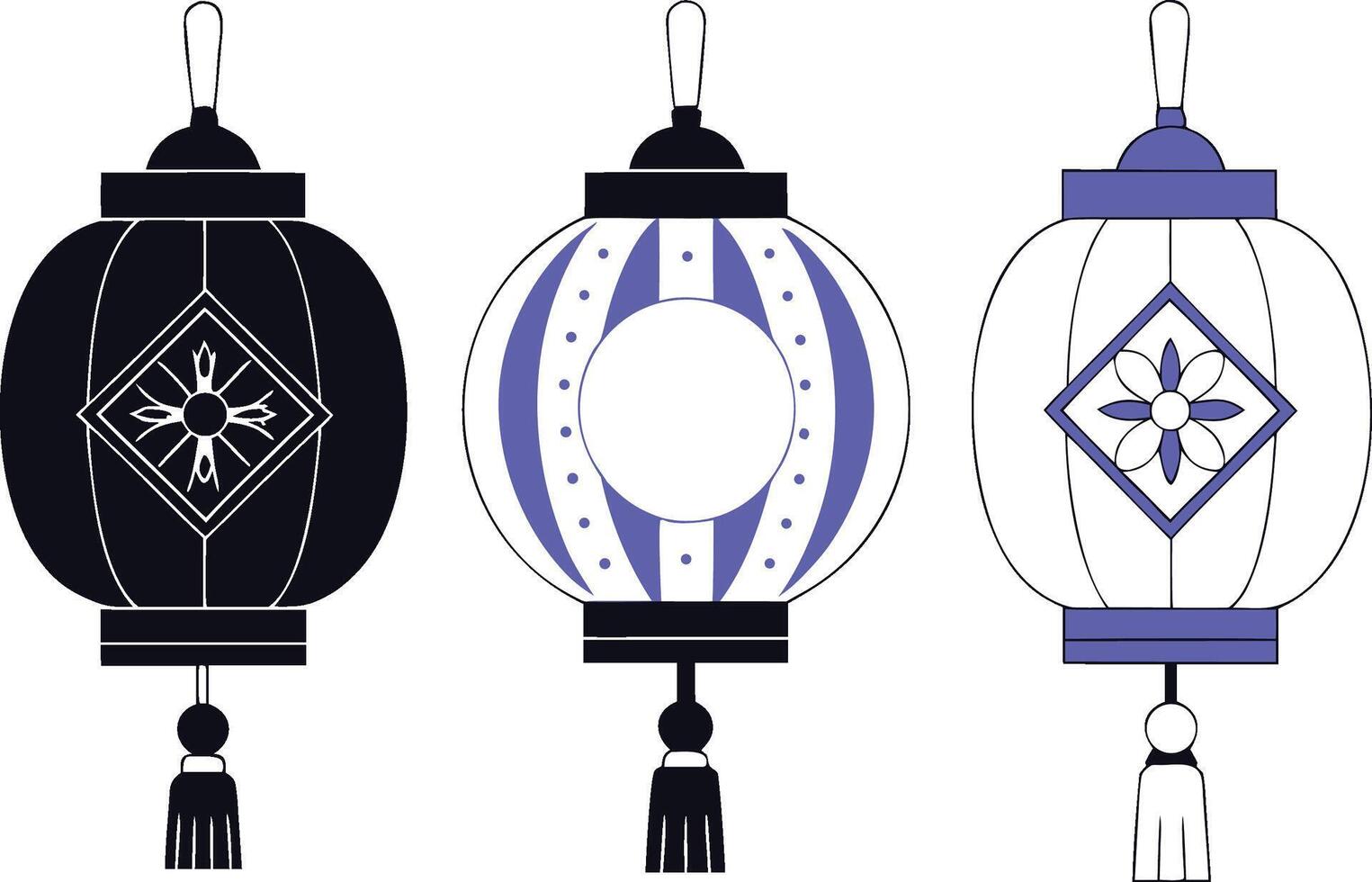 Three lanterns with tassels and a black and white design vector