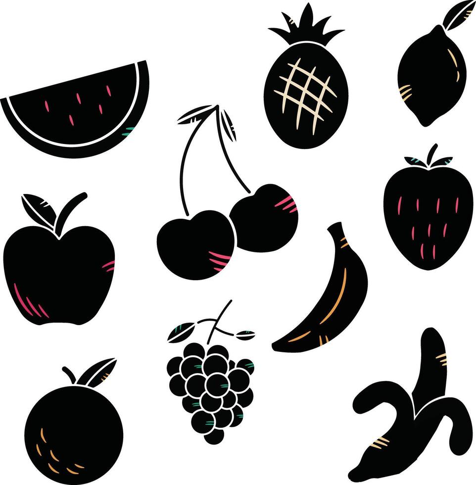 different fruit silhouette with accent lines vector