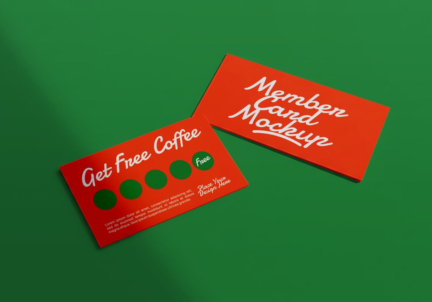 Here s a one sentence caption for the image A red member card mockup and a punch card offering free coffee lie on a green background psd