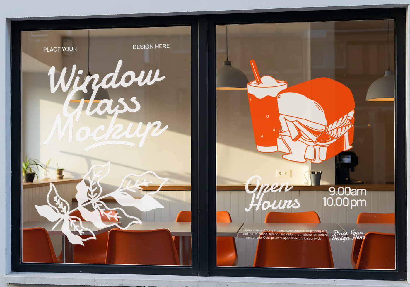 A restaurant s window display advertises its hours and menu items with a graphic of a sandwich and drink psd