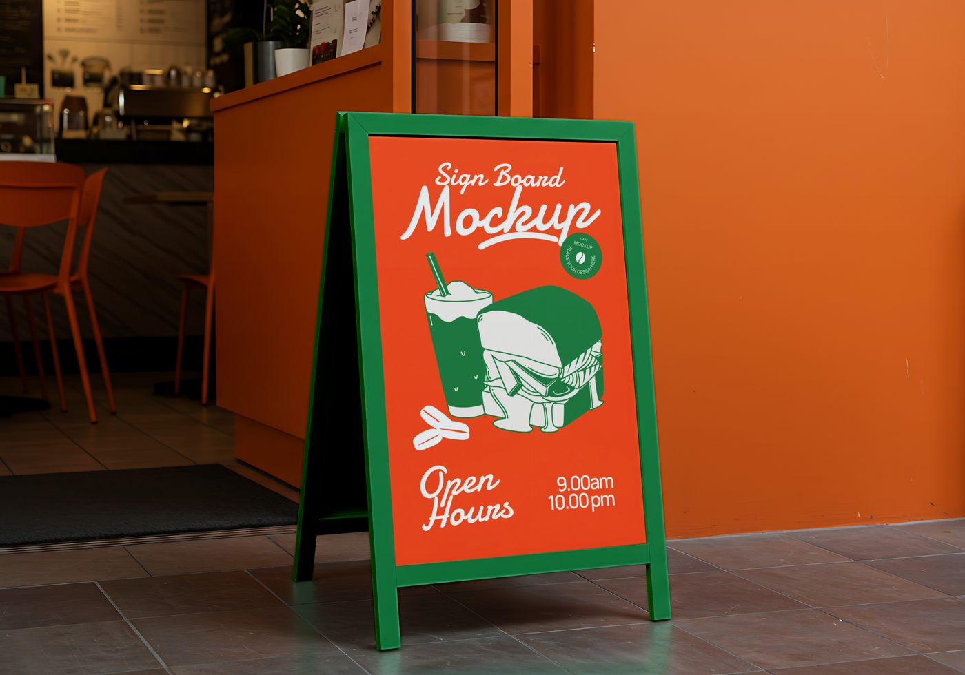 A sandwich and milkshake are featured on this A frame sign advertising the cafe s open hours psd