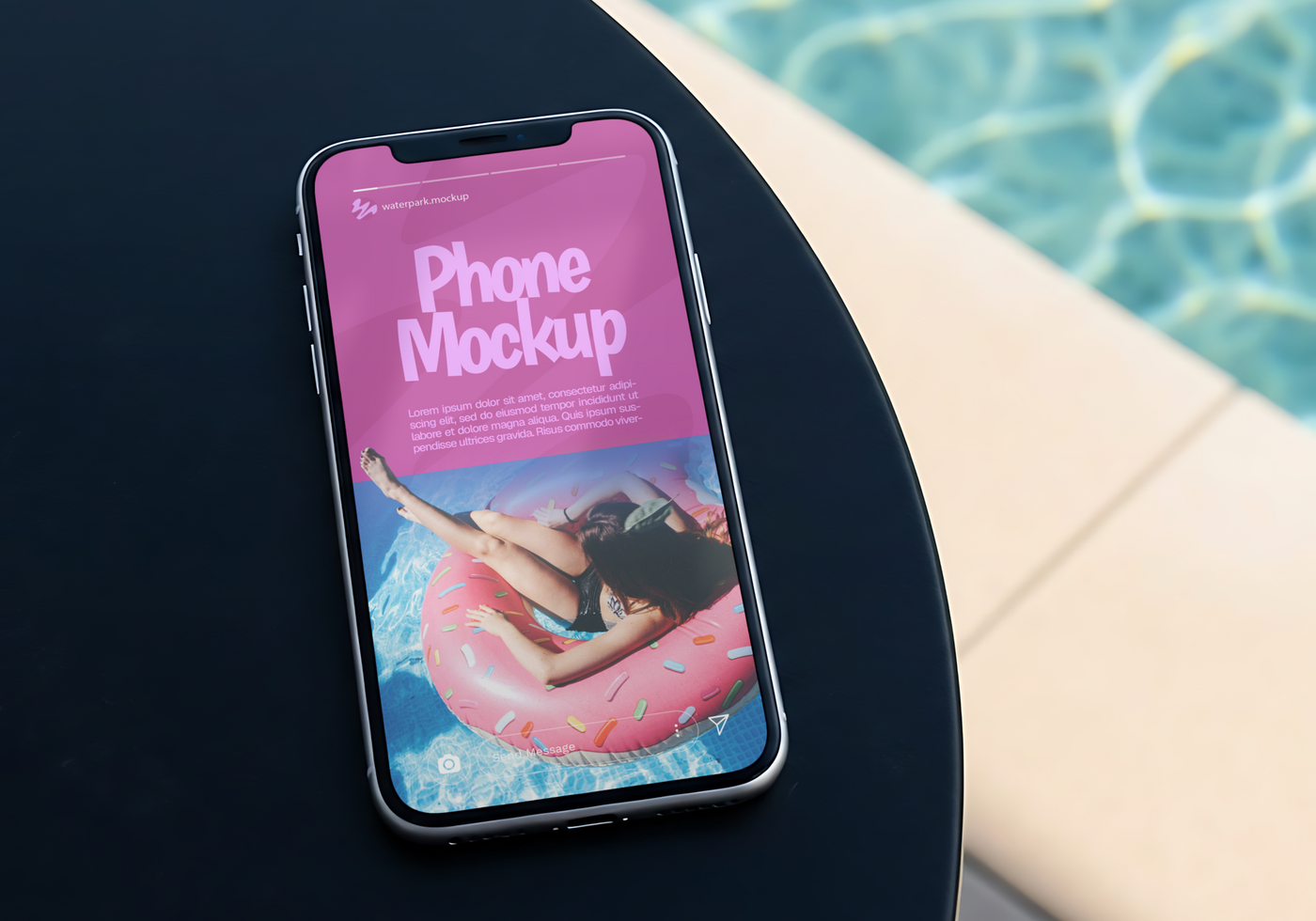 A phone mockup displays a woman relaxing on a donut shaped float in a pool psd