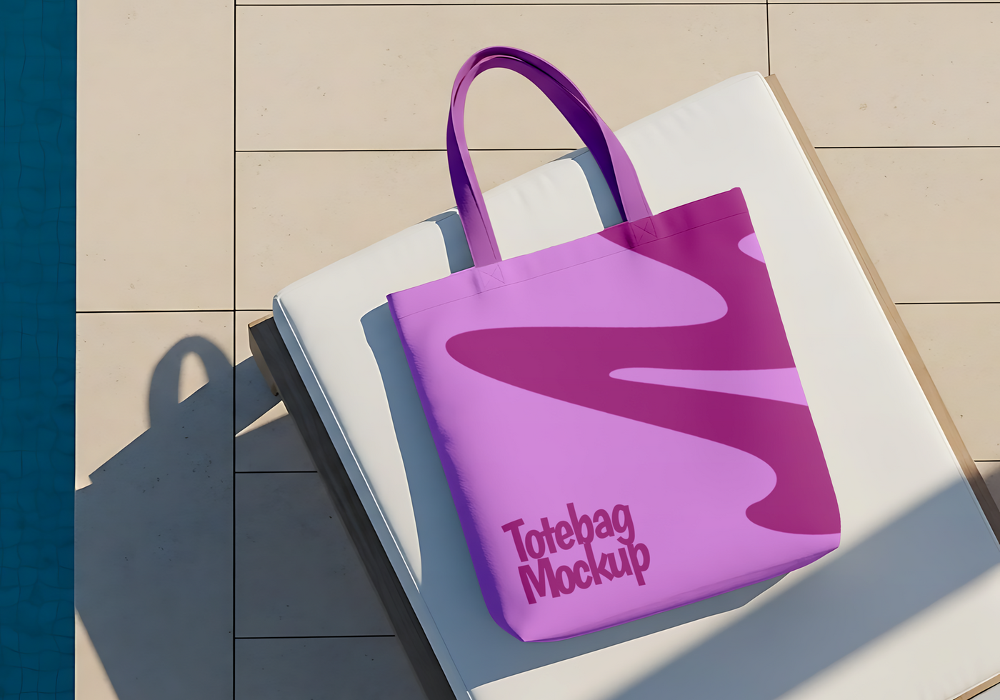 A purple tote bag with a trendy design rests on a lounge chair by the pool psd