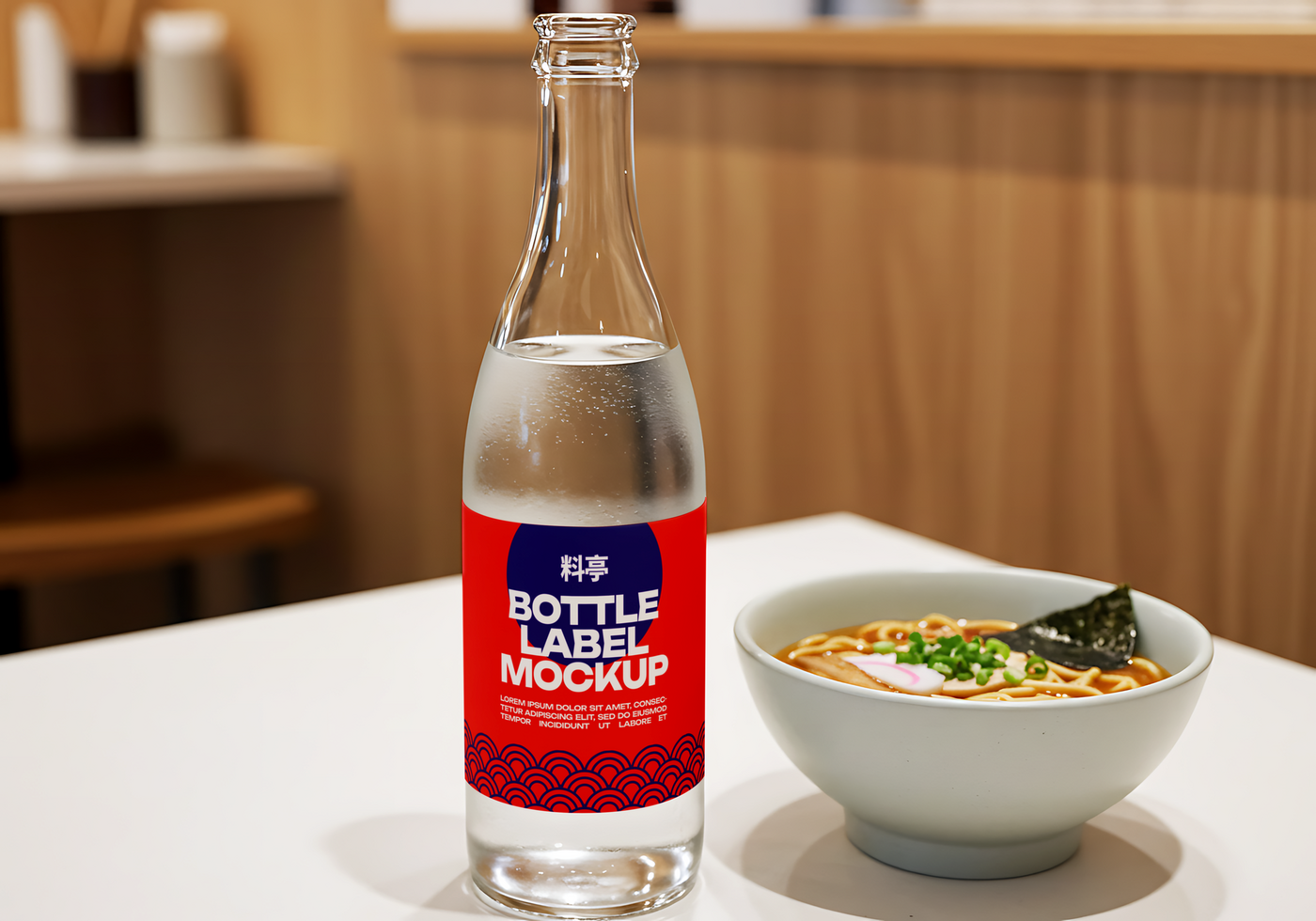 A bottle of water with a Japanese inspired label sits on a table next to a bowl of ramen psd