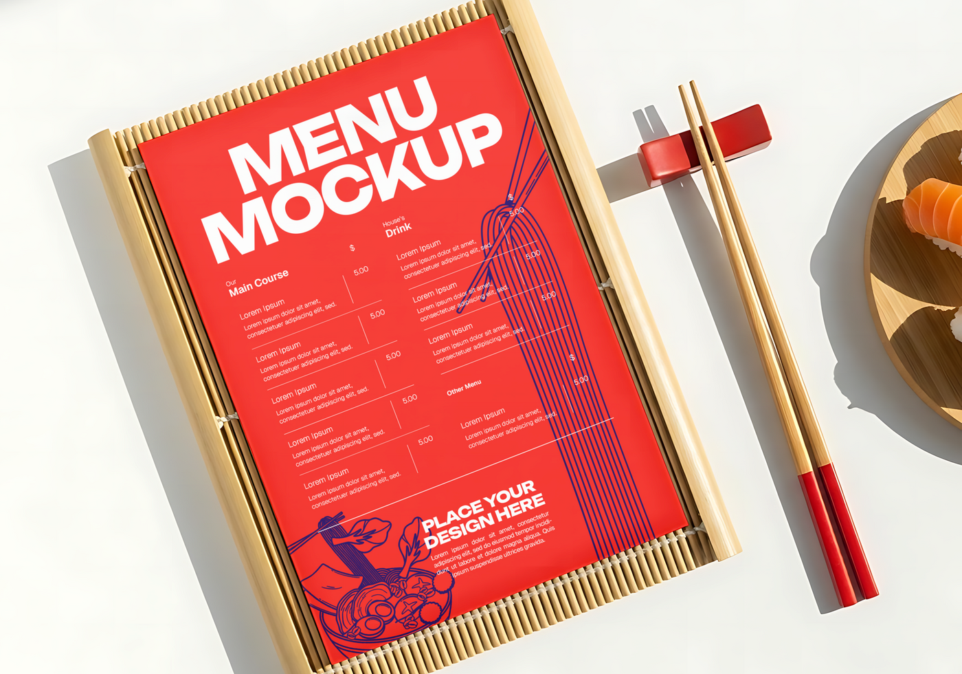 A vibrant red menu mockup displayed on a bamboo stand accompanied by chopsticks and sushi psd