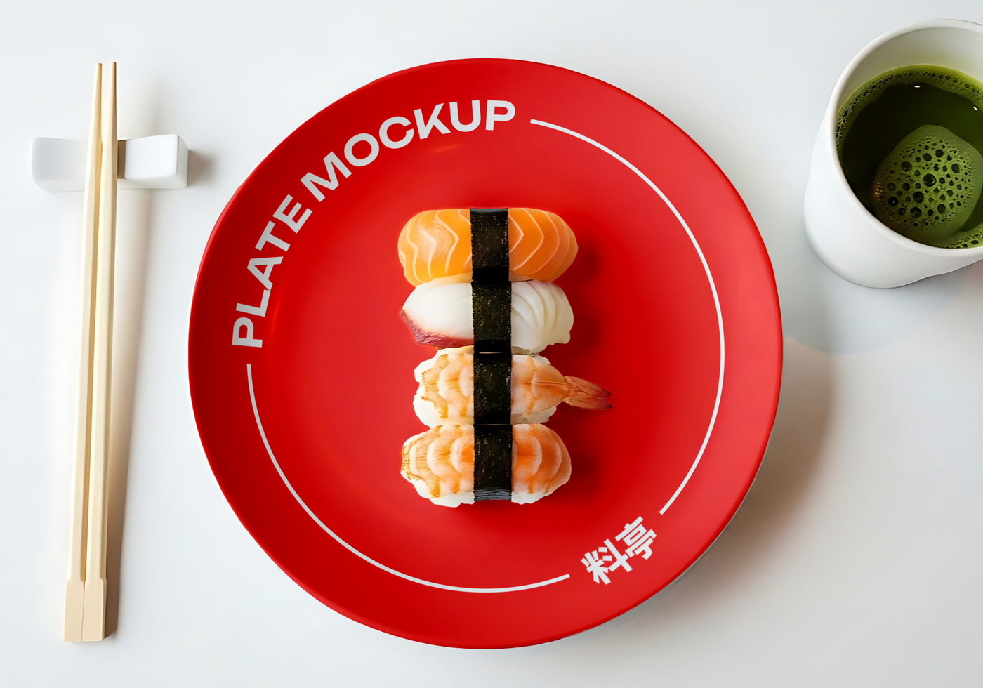 A red plate mockup displaying four pieces of nigiri sushi accompanied by chopsticks and a cup of matcha psd
