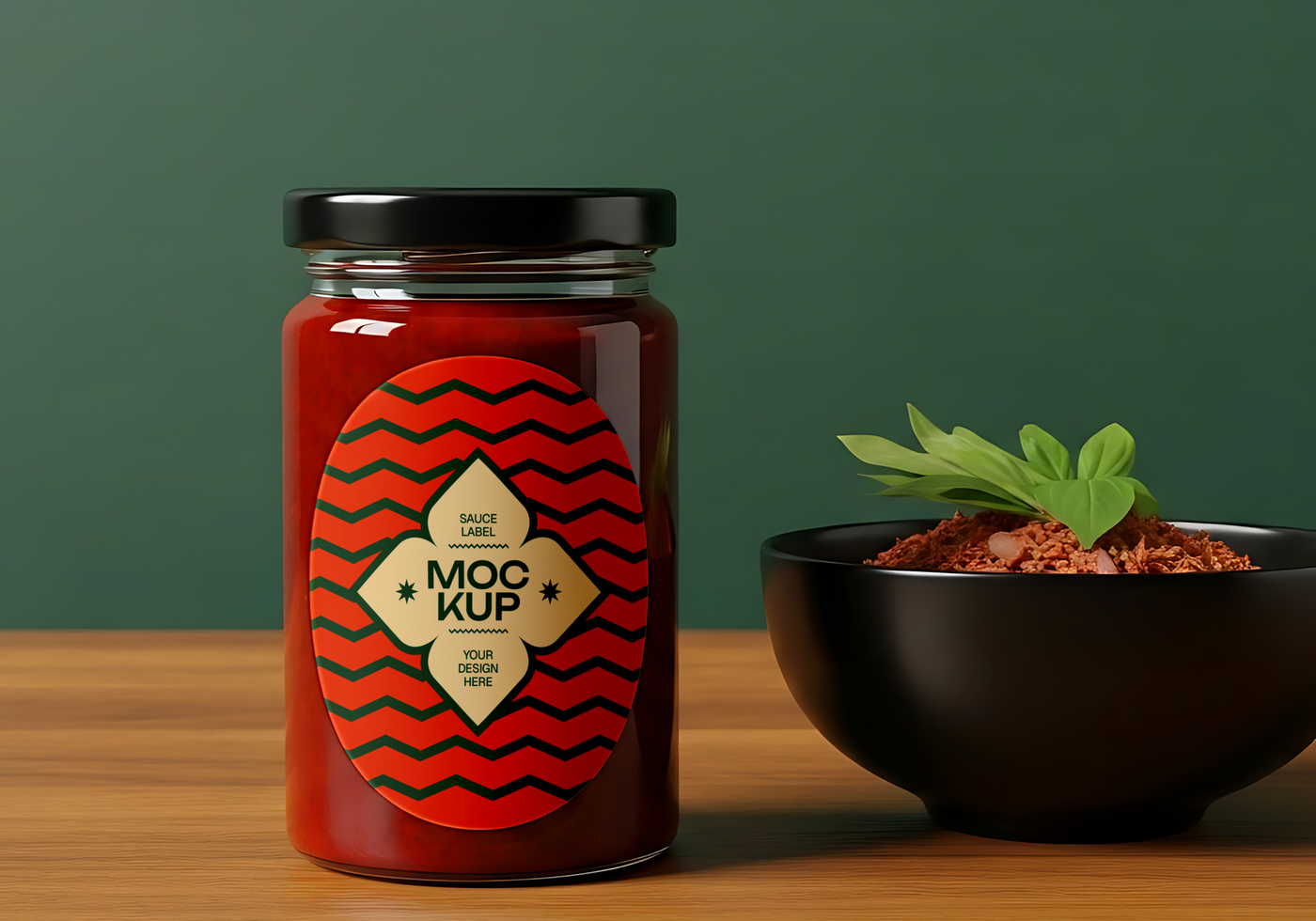 A jar of sauce with a mockup label sits on a wooden table next to a bowl of food garnished with herbs psd