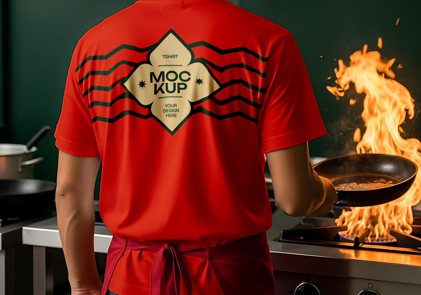 A chef in a red shirt with a design on the back cooks a flaming dish psd