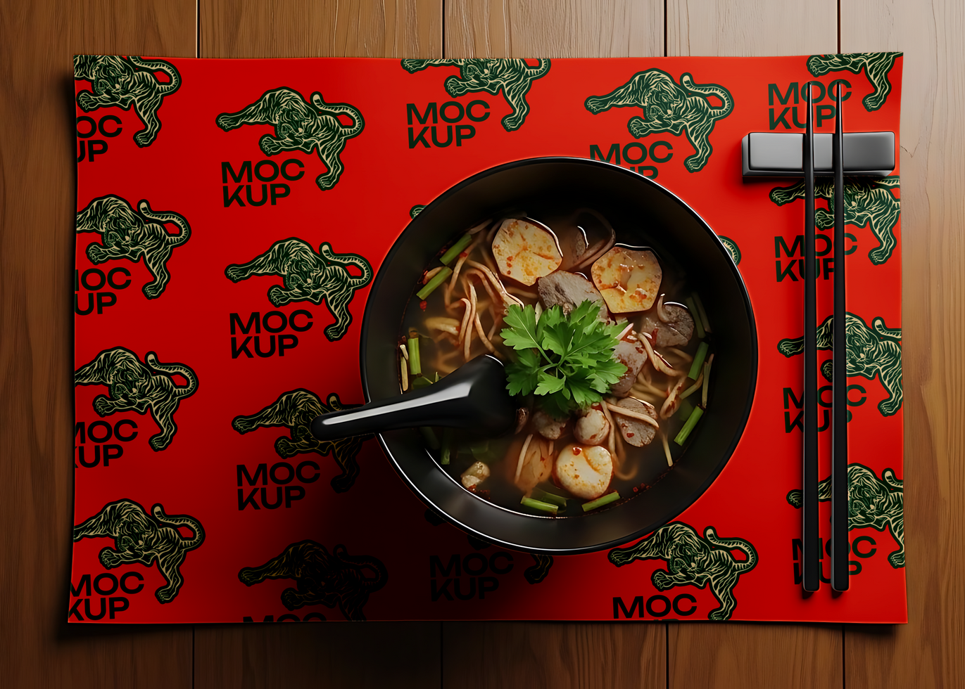 A steaming bowl of noodle soup sits on a red placemat adorned with a repeating tiger pattern psd