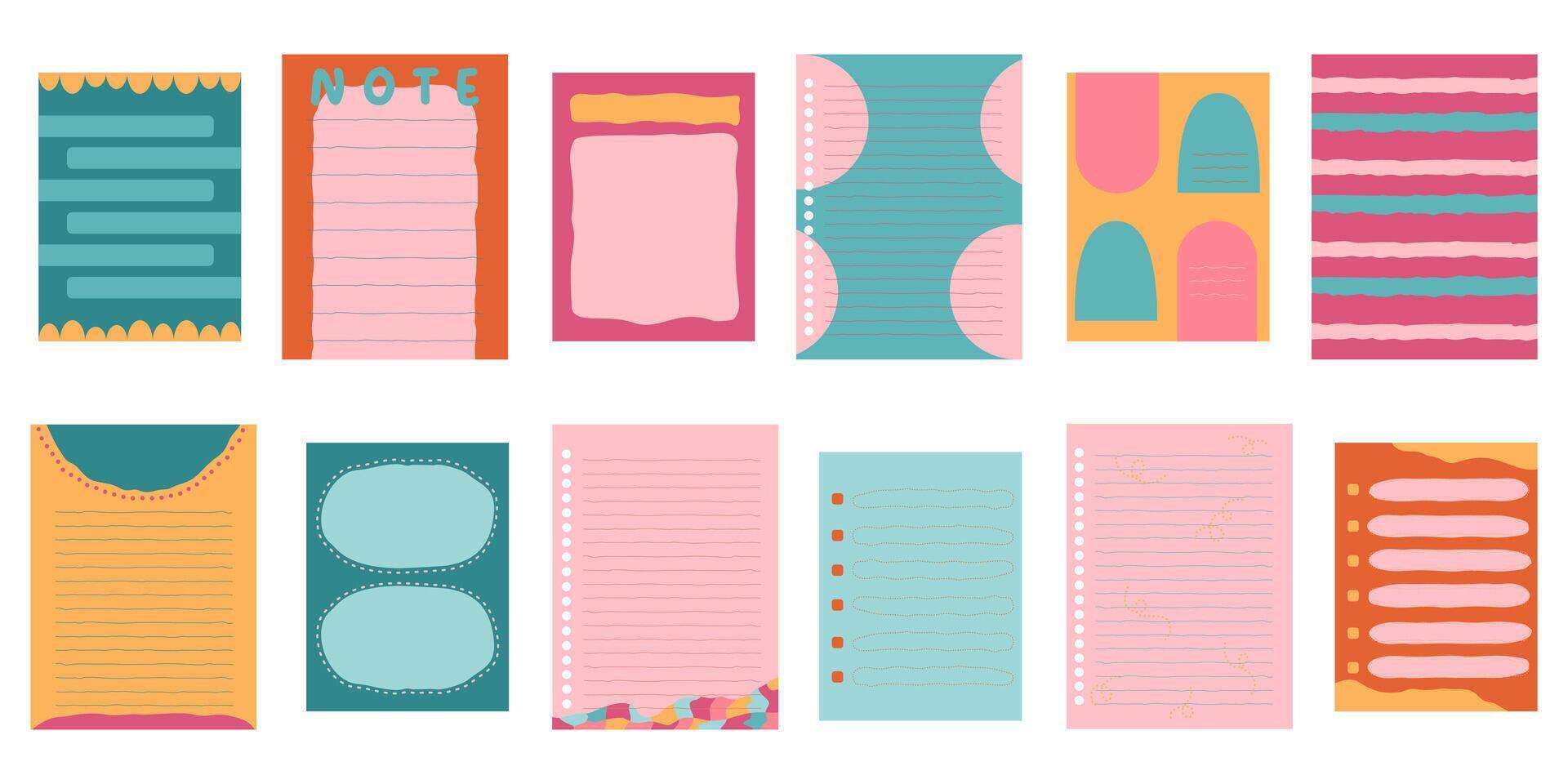 Vibrant color sticky paper notes for daily planner, hand drawn memo sheet stickers. Pins and paper clips, paper note, to-do list and reminder, blank diary pages set. pink green yellow. vector