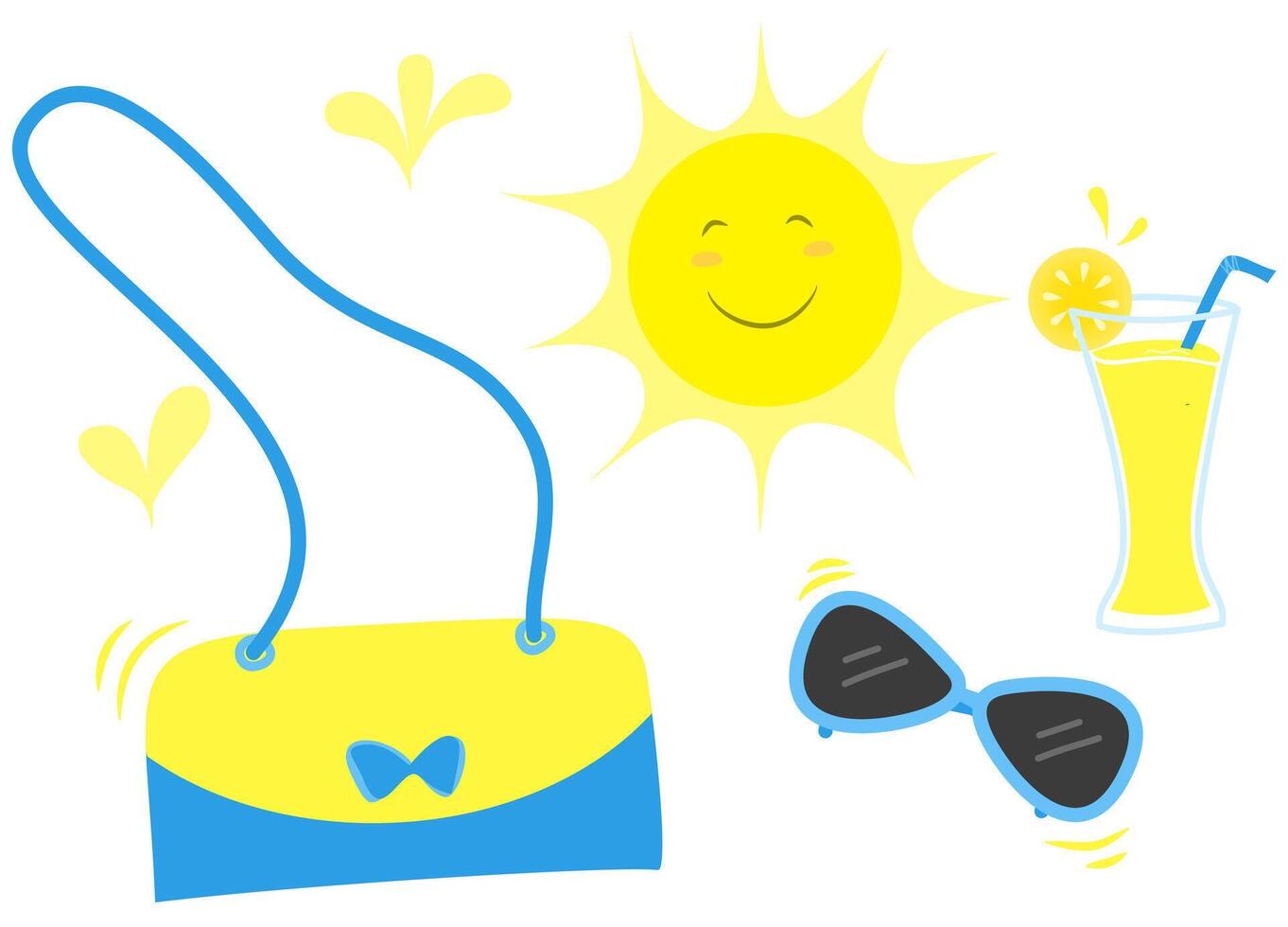 Beach and summer icons collection including sling bag, sunglasses, sunny, lemonade ice drink. vector
